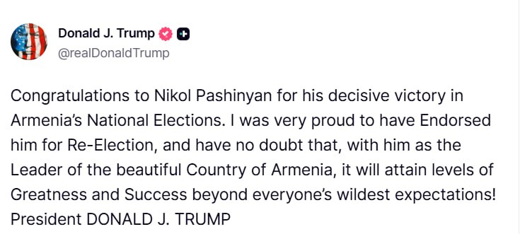 Дональд Трамп и Никол Пашинян, поздравление с победой на выборах в Армении, Котайк
